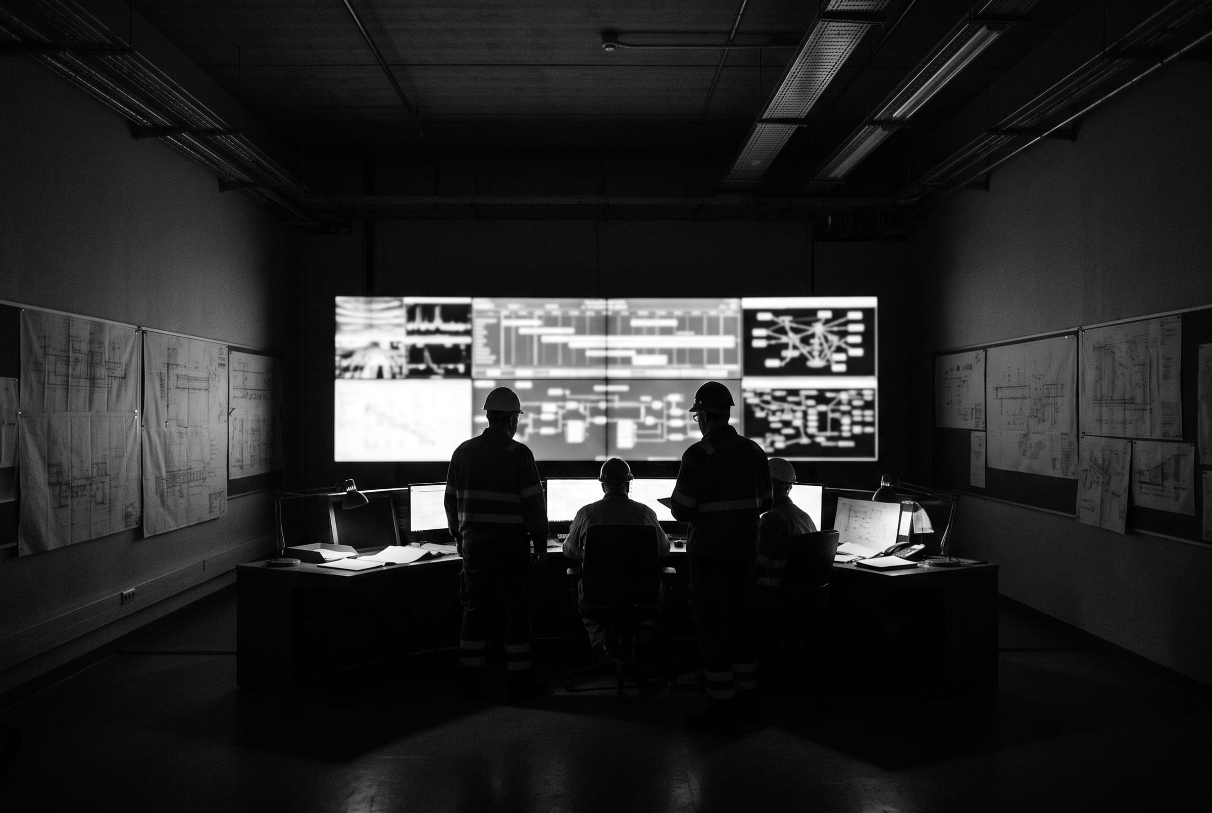 Control room: four technicians in site gear in front of a wall of planning screens.