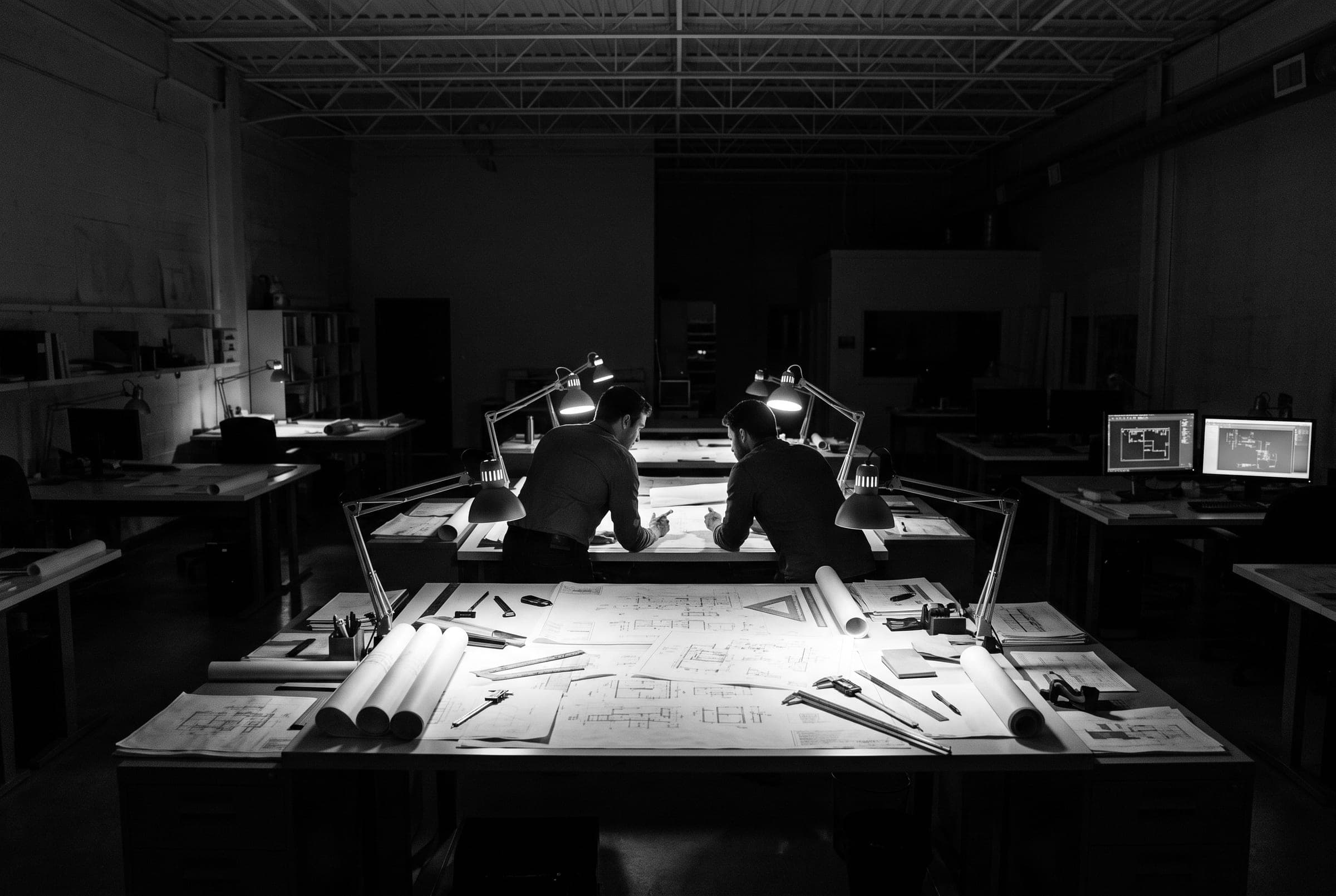 Engineering office: two engineers leaning over technical drawings, under architect lamps.