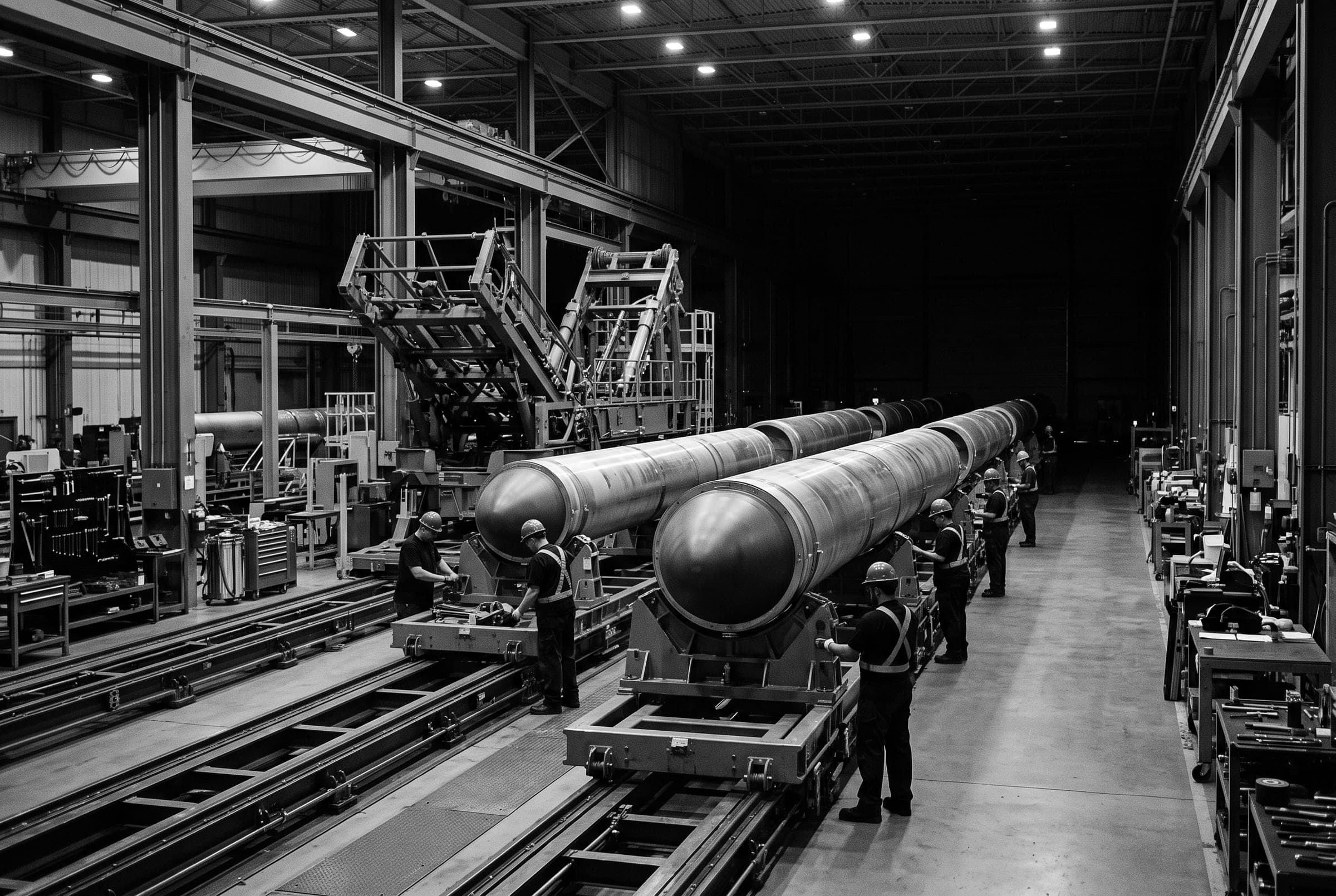 Hall d'assemblage : de grands corps cylindriques sur leurs bancs de montage, entourés de techniciens.
