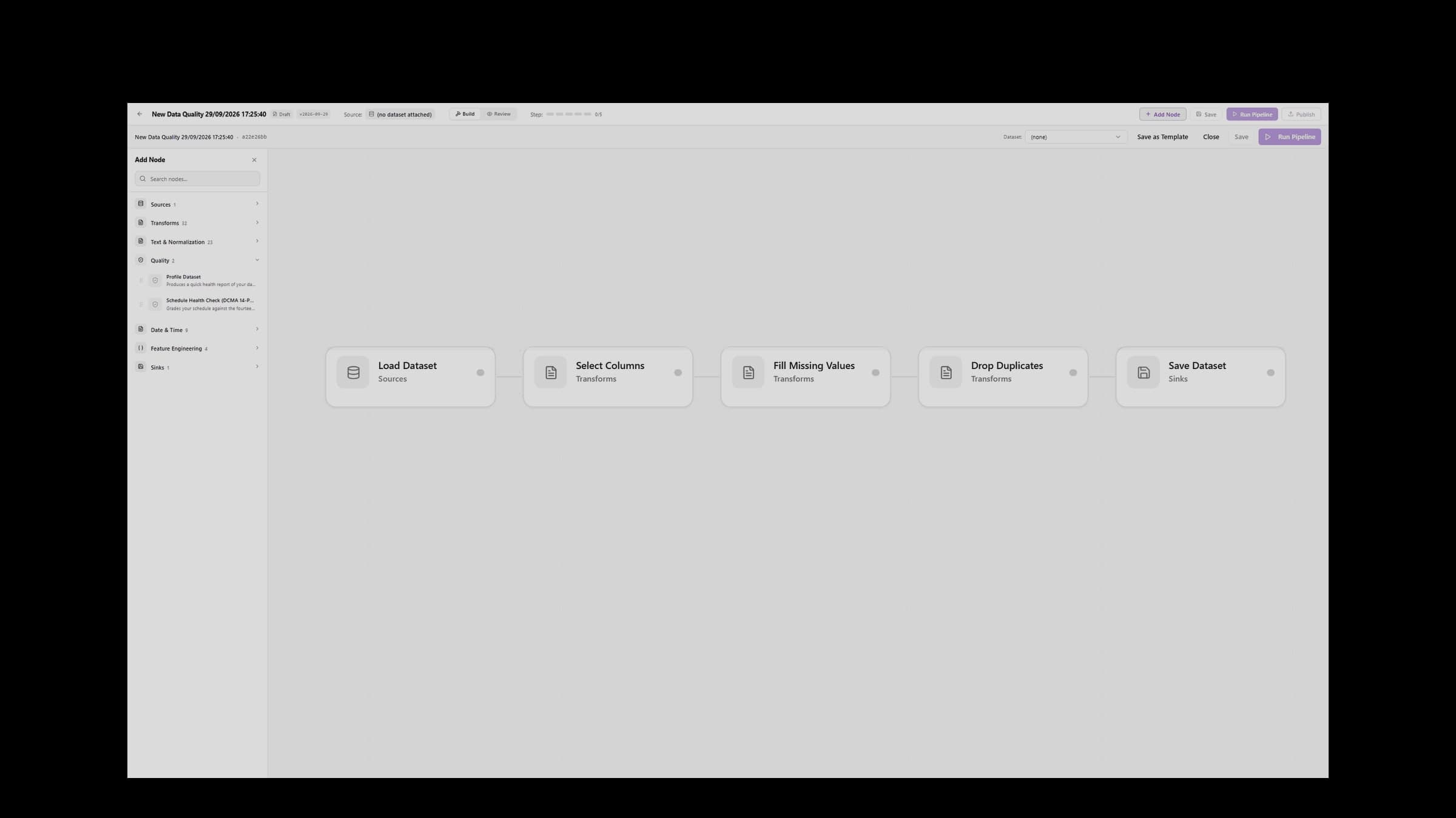 Écran AI LAB : pipeline de qualité de données, de la source à l'enregistrement.