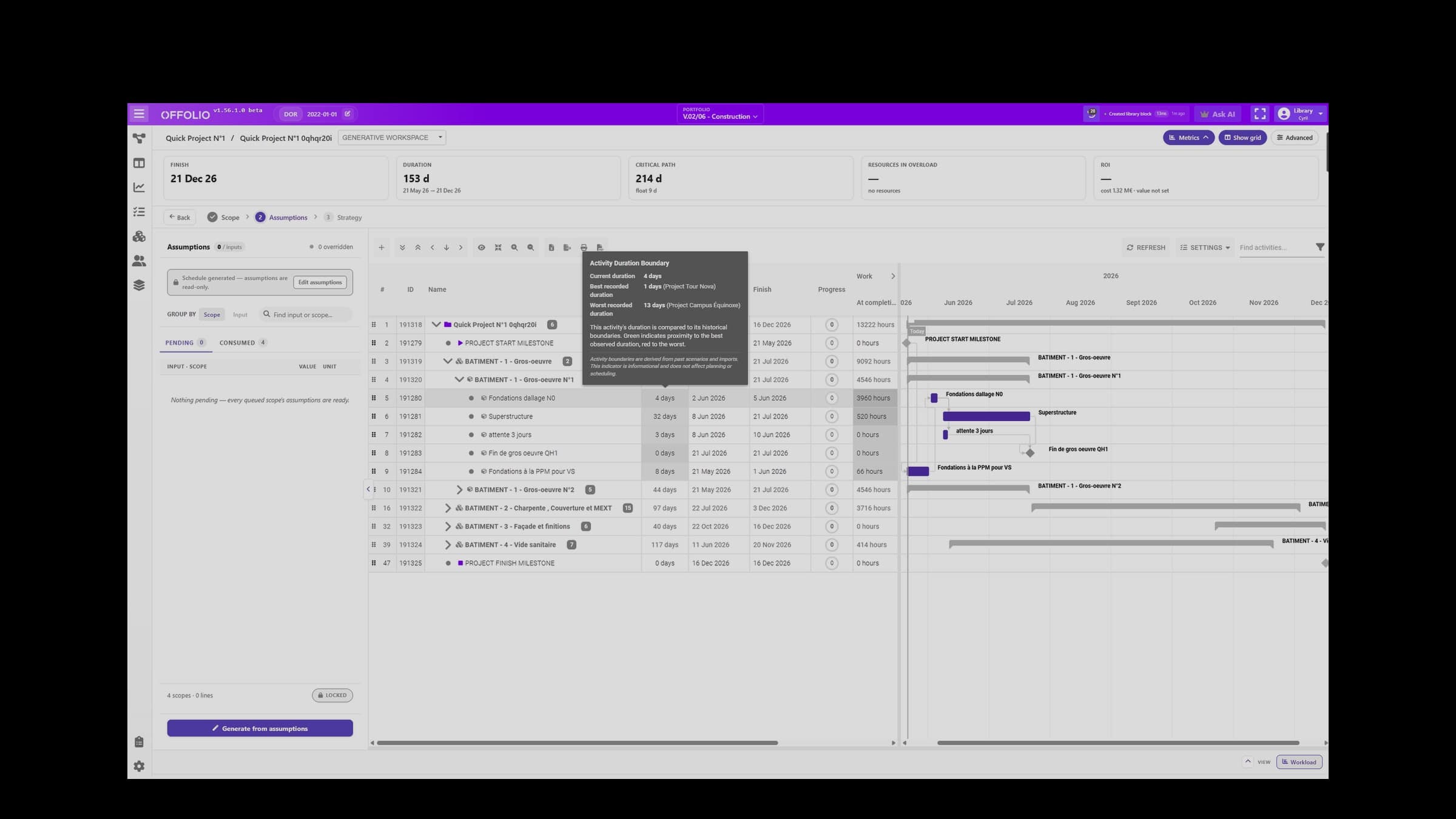 Écran OFFOLIO : planning généré, avec la durée d'une activité comparée aux durées observées sur les projets passés.