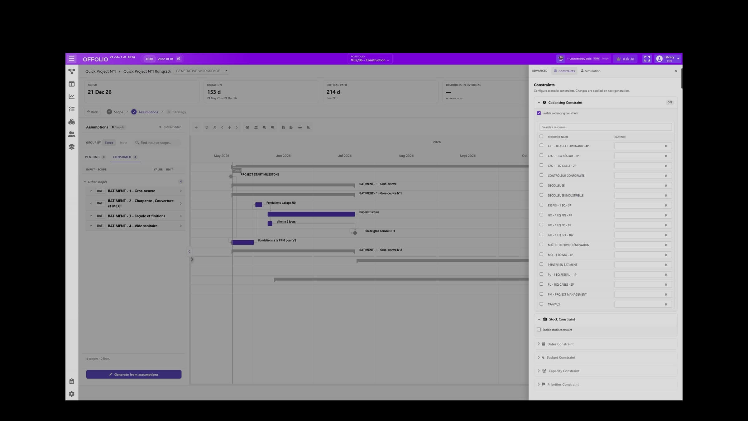 Écran OFFOLIO : scénario de planning avec contraintes de cadence et de stock.