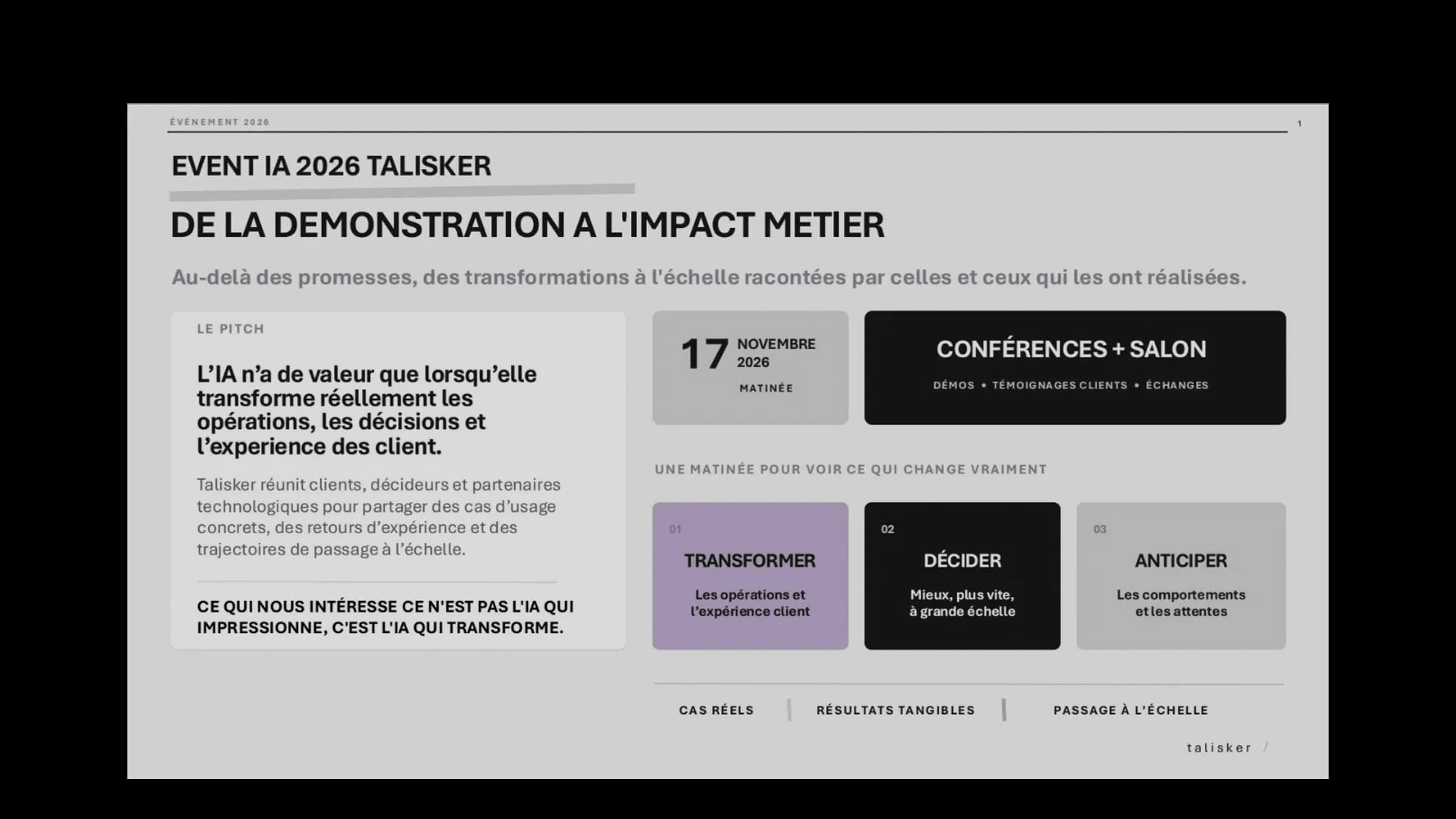 Programme de l'Event IA 2026 de Talisker : « De la démonstration à l'impact métier », 17 novembre 2026.